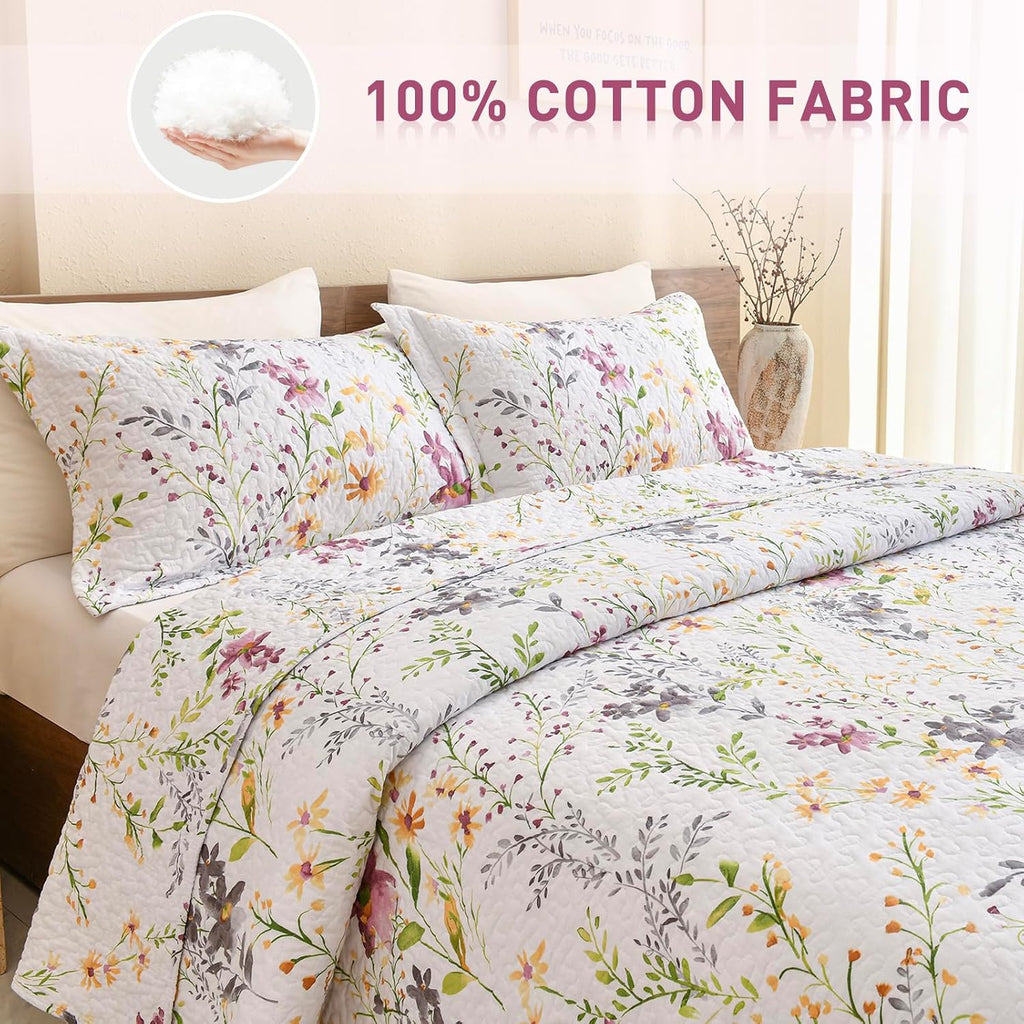 Lady Ann 100% Cotton Cal King Quilt Set - Yellow Flower Botanical Pattern Printed Quilted 118x106 Bedspread Set,Vintage Coverlet Ultra Soft Bedspread Set with Pillow Shams Al Season,3 PCS