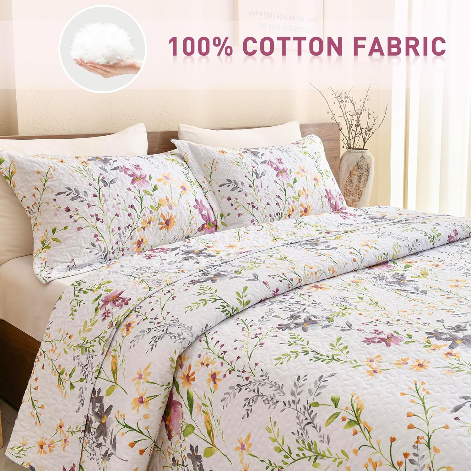 Lady Ann Wild Floral Printed Bed Quilt Sets Queen 100% Cotton Yellow Flower Botanical Pattern Bedding, Vintage Lightweight Coverlet Ultra Soft Bedspread Set with Pillow Shams for All Season, 3 PCS