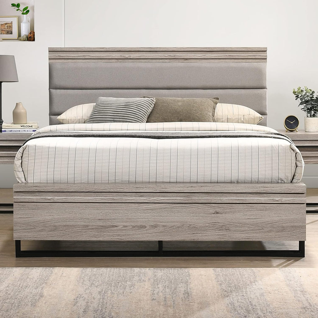 Roundhill Furniture Alvear Upholstered Wood Wallbed Bed with White LED Lights, 2 Nightstand, Queen, Weathered Gray