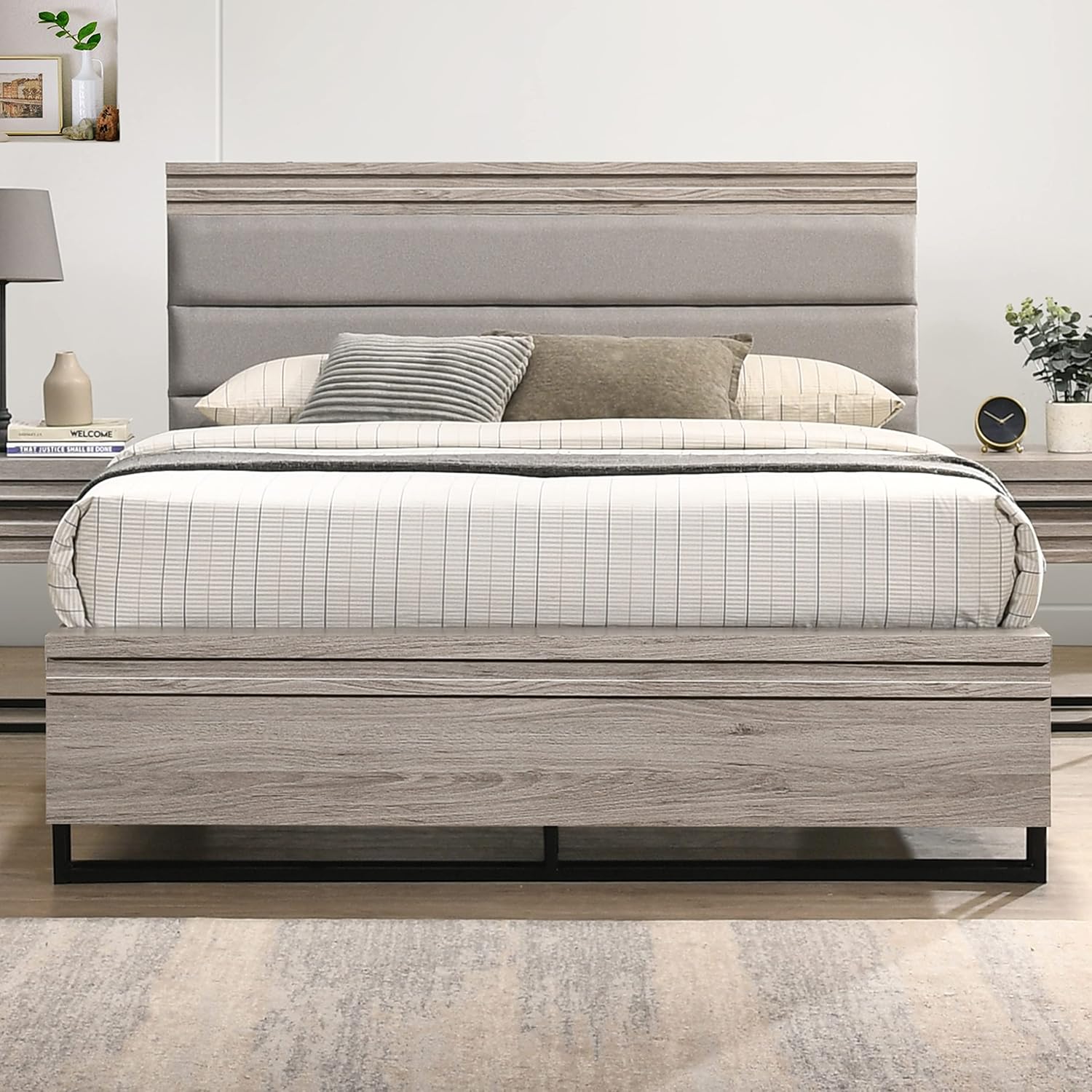 Roundhill Furniture Alvear Upholstered Wood Wallbed Bed with White LED Lights, 2 Nightstand, Queen, Weathered Gray