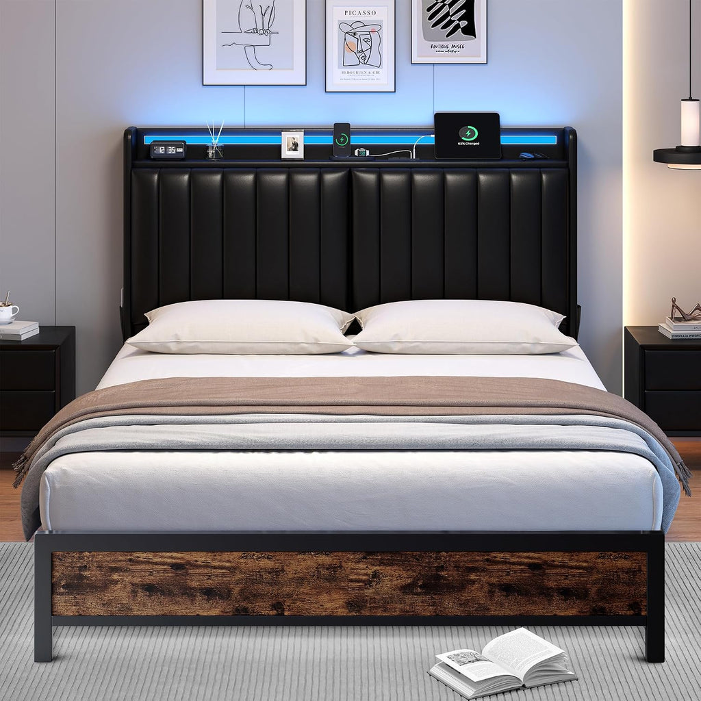 Full Size Bed Frame with Adjustable Backrest Hidden Storage Headboard, PU Leather Upholstered Full Bed Frame with Charging Station and LED Lights, Heavy Duty, No Box Spring Needed, Black&Brown