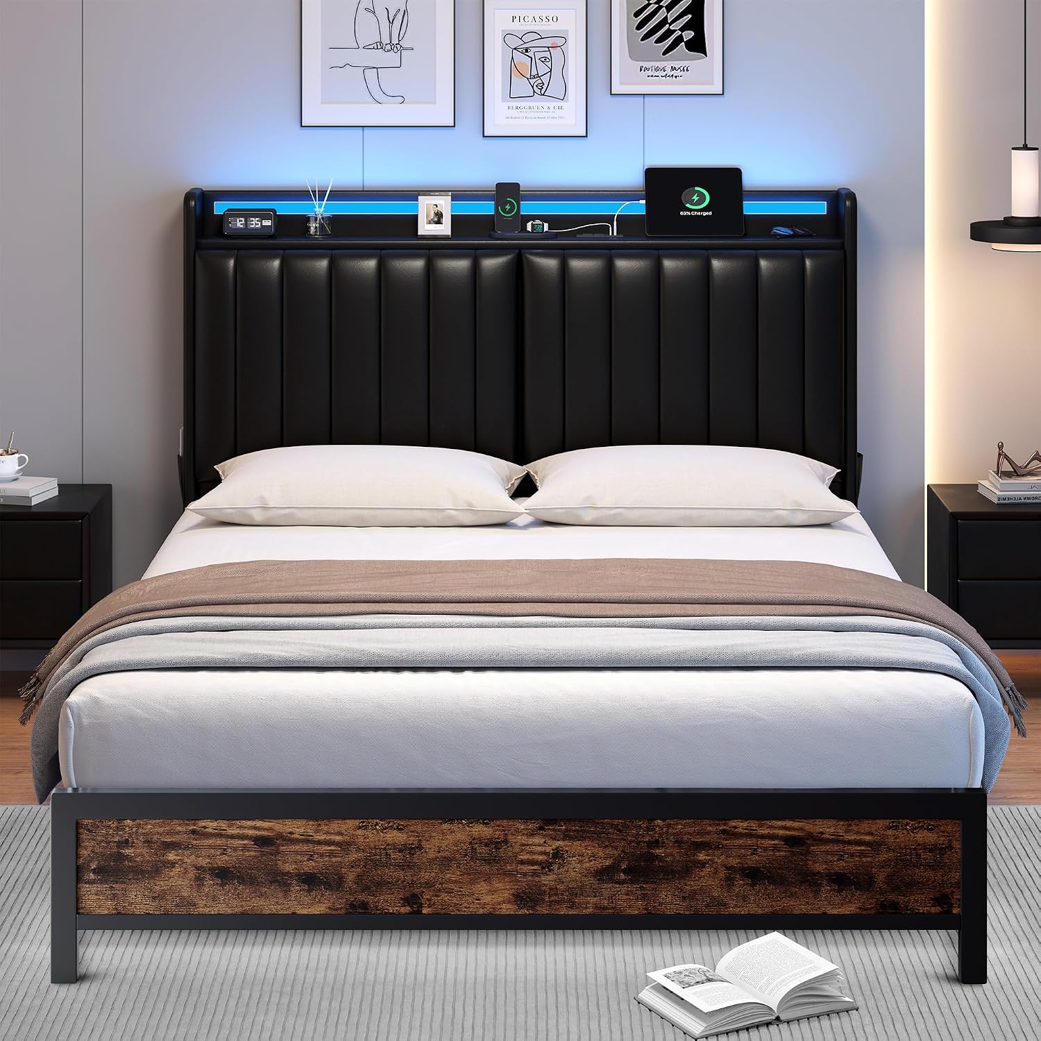 Full Size Bed Frame with Adjustable Backrest Hidden Storage Headboard, PU Leather Upholstered Full Bed Frame with Charging Station and LED Lights, Heavy Duty, No Box Spring Needed, Black&Brown