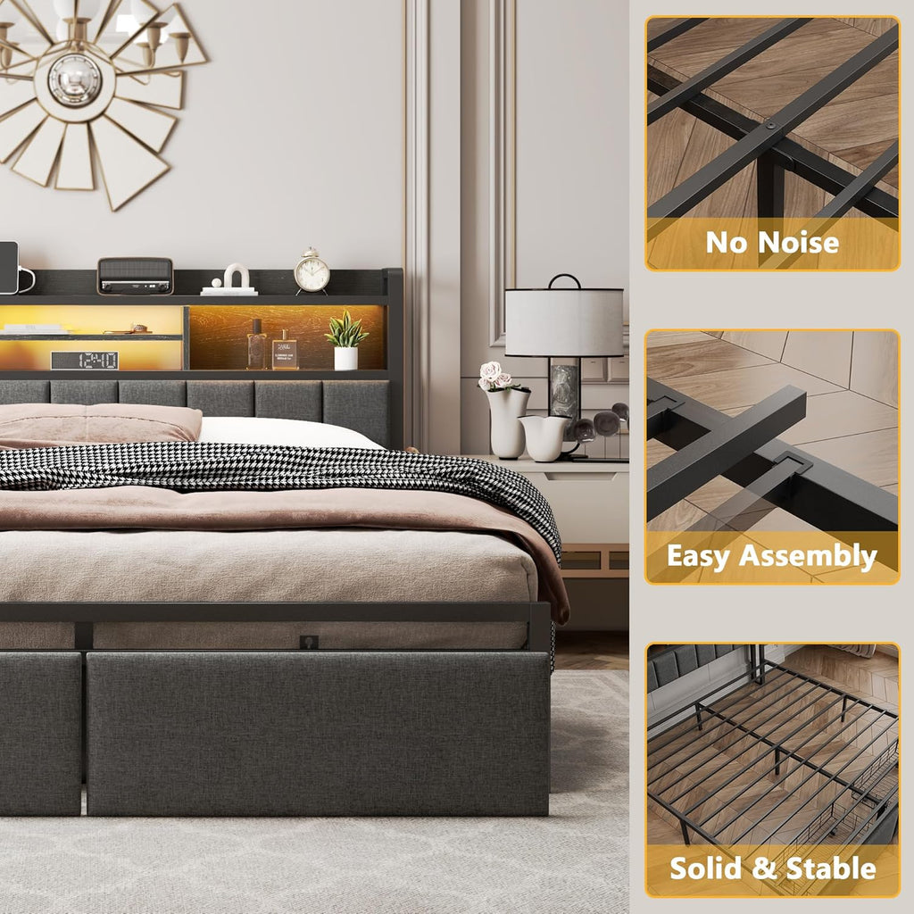 Furnulem Full Size Bed Frame with Upholstered Headboard, Bed Frame Full with Storage Drawers, Charging Station & LED Lights, Metal Platform No Box Spring Needed, Noise Free, Black (1200 lbs Capacity)