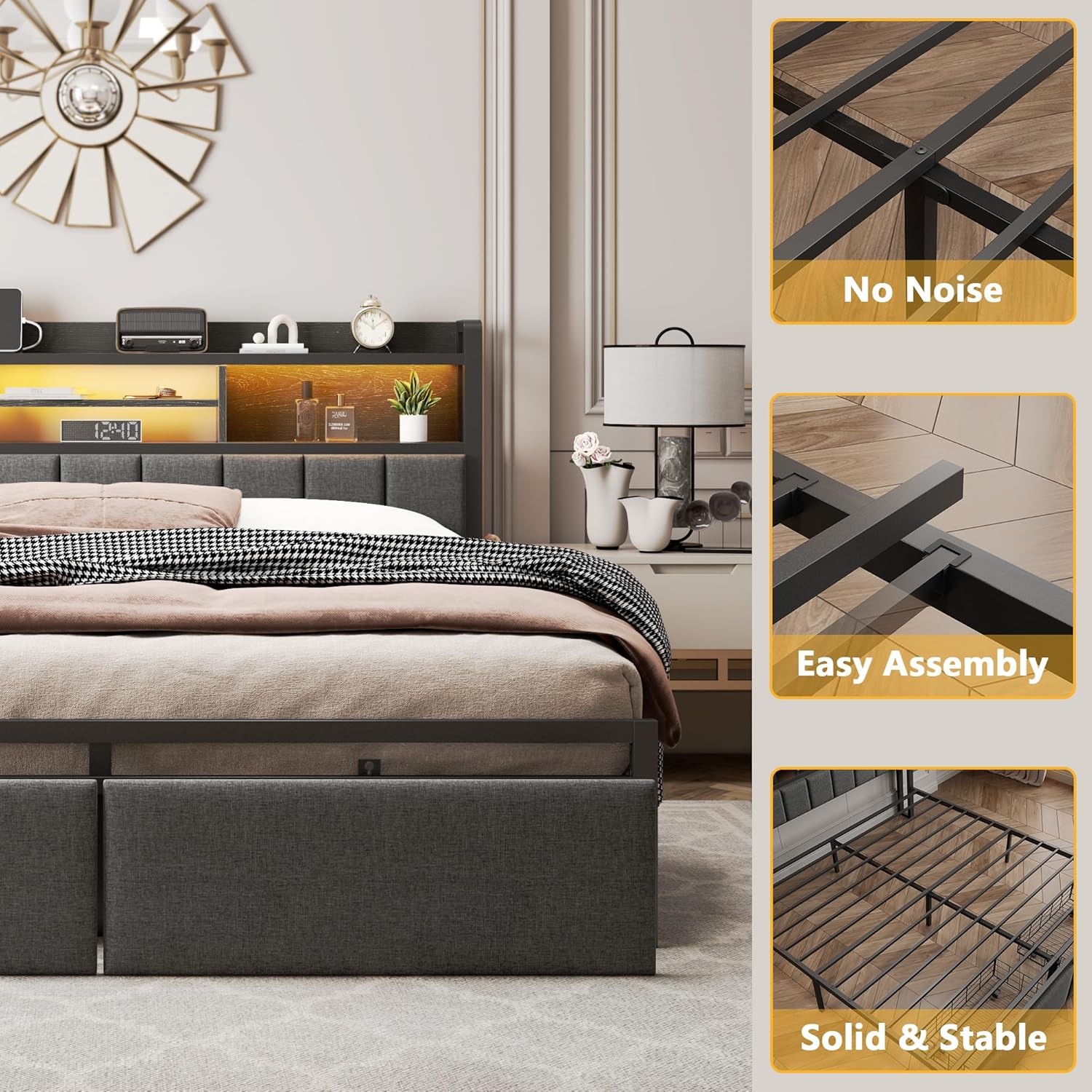 Furnulem Full Size Bed Frame with Upholstered Headboard, Bed Frame Full with Storage Drawers, Charging Station & LED Lights, Metal Platform No Box Spring Needed, Noise Free, Black (1200 lbs Capacity)