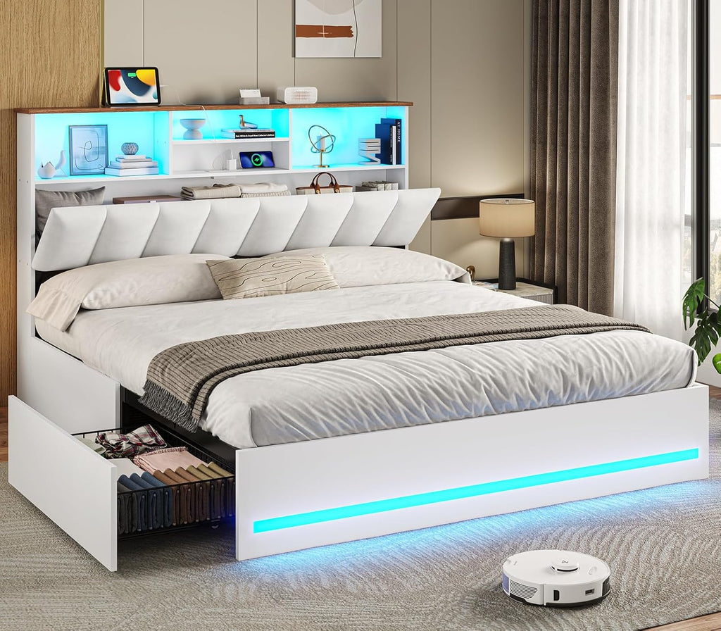 VIAGDO Full Size Bed Frame with Bookcase Headboard, Wooden Bed Frame Full Size with Charging Station, 4 Storage Drawers and LED Lights, with Type-C and USB, No Box Spring Needed, White