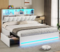 VIAGDO Full Size Bed Frame with Bookcase Headboard, Wooden Bed Frame Full Size with Charging Station, 4 Storage Drawers and LED Lights, with Type-C and USB, No Box Spring Needed, White