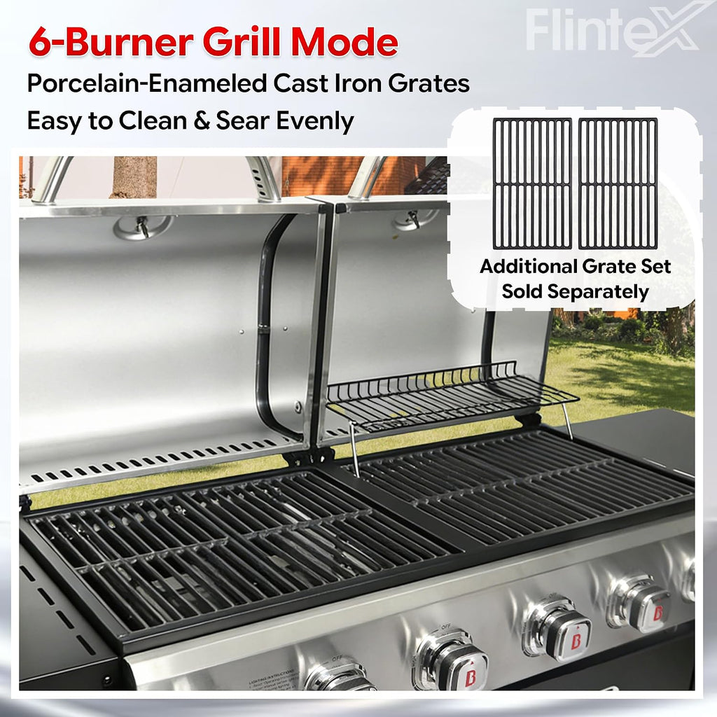 Flintex 6 Burner Propane Gas Grill Griddle Combo with Porcelain-Enameled Cast Iron Grates & Cast Iron Pan, Dual Outdoor BBQ Grill With Flat Top Griddle for Backyard Barbecue, 610 sq.in.