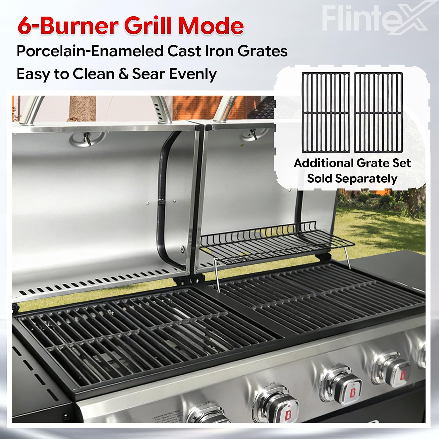 Flintex 6 Burner Propane Gas Grill Griddle Combo with Porcelain-Enameled Cast Iron Grates & Cast Iron Pan, Dual Outdoor BBQ Grill With Flat Top Griddle for Backyard Barbecue, 610 sq.in.