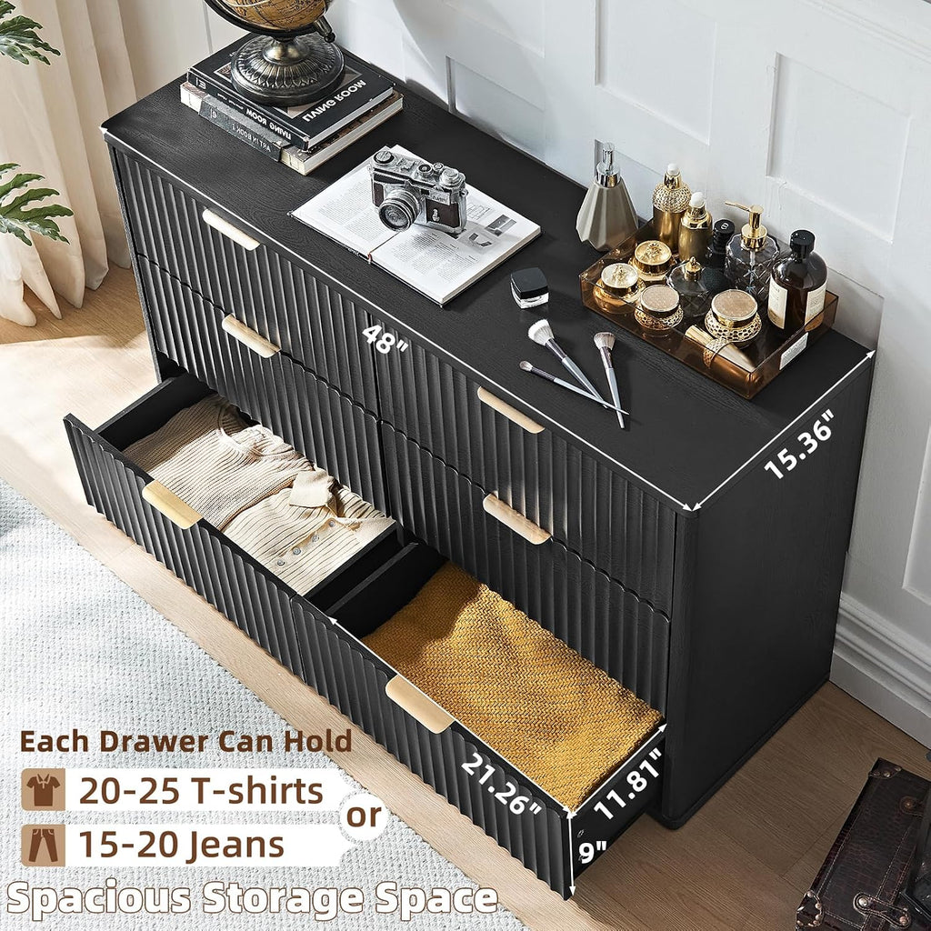 LEYAOYAO Fluted Dressers & Nightstand Set of 4, Wood 48' Wide Dresser & 42' Tall Chest of Drawers,Modern Bedroom Furniture Sets, Black Wooden Nightstand Set of 2 with 3 Drawers & Charging Station
