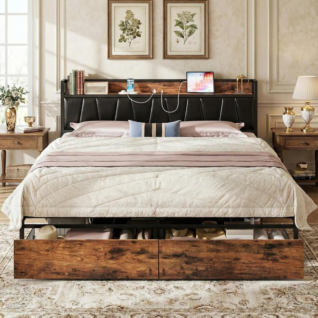 LIKIMIO King Size Bed Frame, Storage Headboard with Charging Station, Platform Bed with Drawers, No Box Spring Needed, Easy Assembly, Vintage Brown and Black