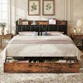 LIKIMIO King Size Bed Frame, Storage Headboard with Charging Station, Platform Bed with Drawers, No Box Spring Needed, Easy Assembly, Vintage Brown and Black