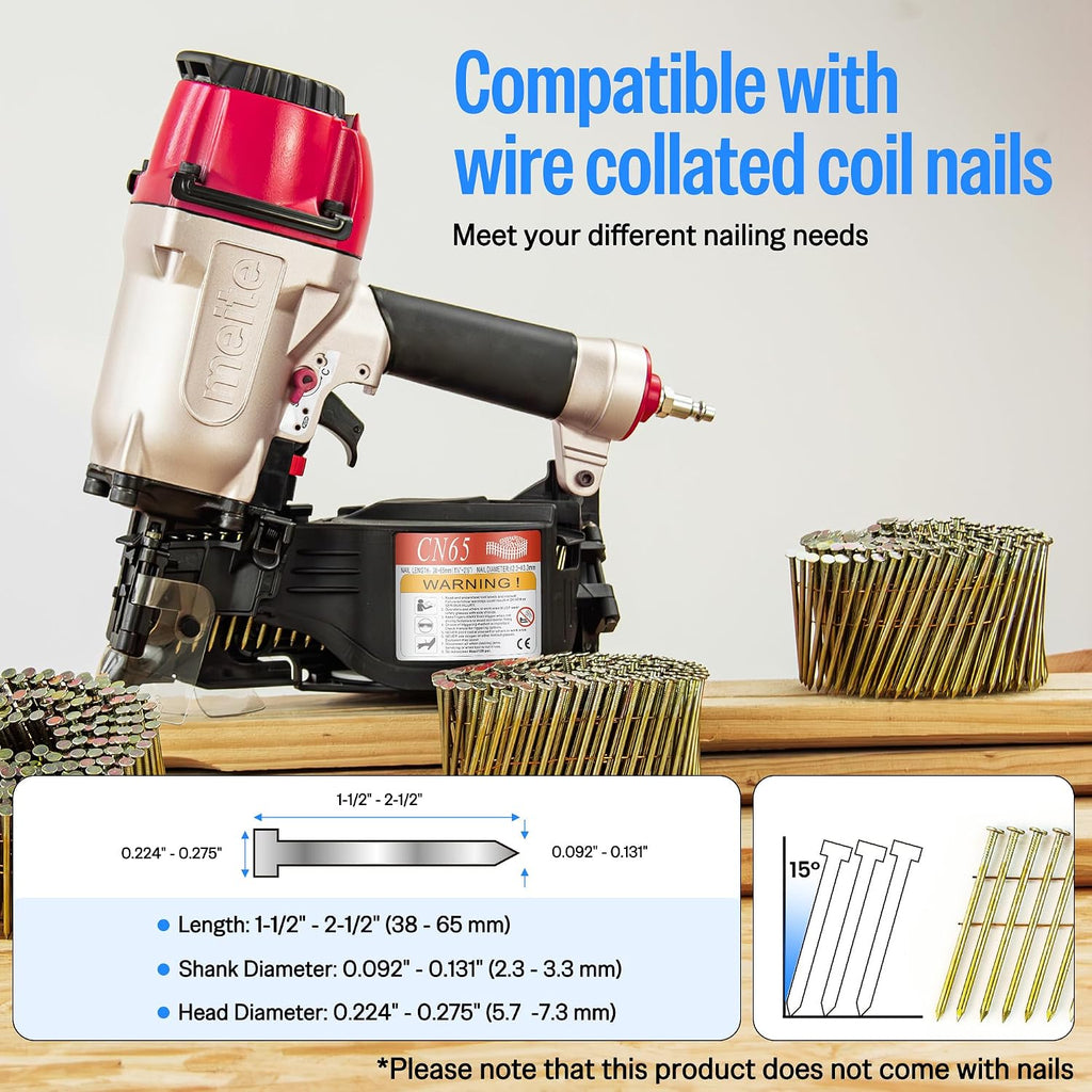 meite CN65 Coil Nailer Pneumatic Nail Gun 15 degree 1-1/2' to 2-1/2' Coil Nails, Heavy Duty Air Coil Nailer with Coil Nail Magazine 300PCS for Hardwood Projects Pallets Framing Sheathing