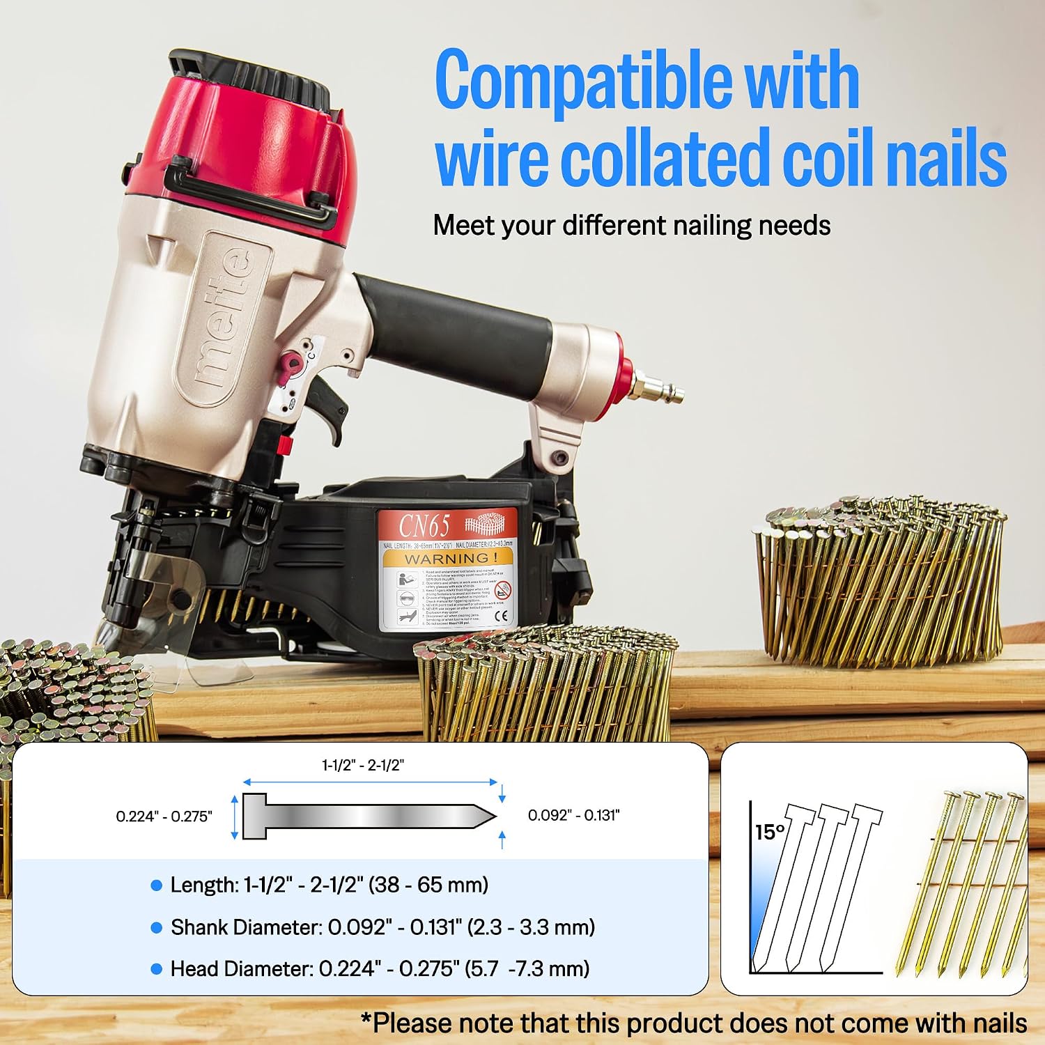 meite CN65 Coil Nailer Pneumatic Nail Gun 15 degree 1-1/2' to 2-1/2' Coil Nails, Heavy Duty Air Coil Nailer with Coil Nail Magazine 300PCS for Hardwood Projects Pallets Framing Sheathing