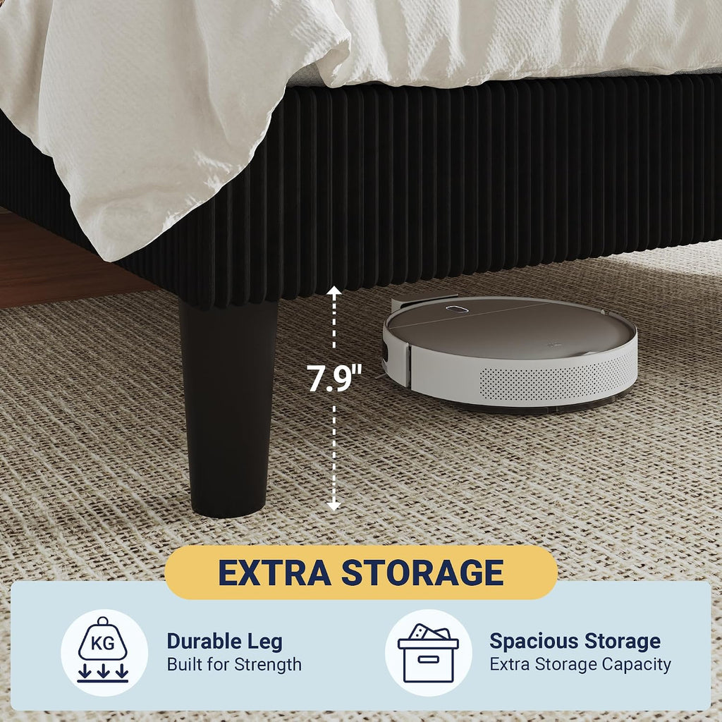 Allewie King Size Upholstered Bed Frame with Vertical Channel Tufted Headboard, Soft Corduroy Fabric Platform Bed, Strong Wooden Slats Support, Easy Assembly, No Box Spring Needed, Black