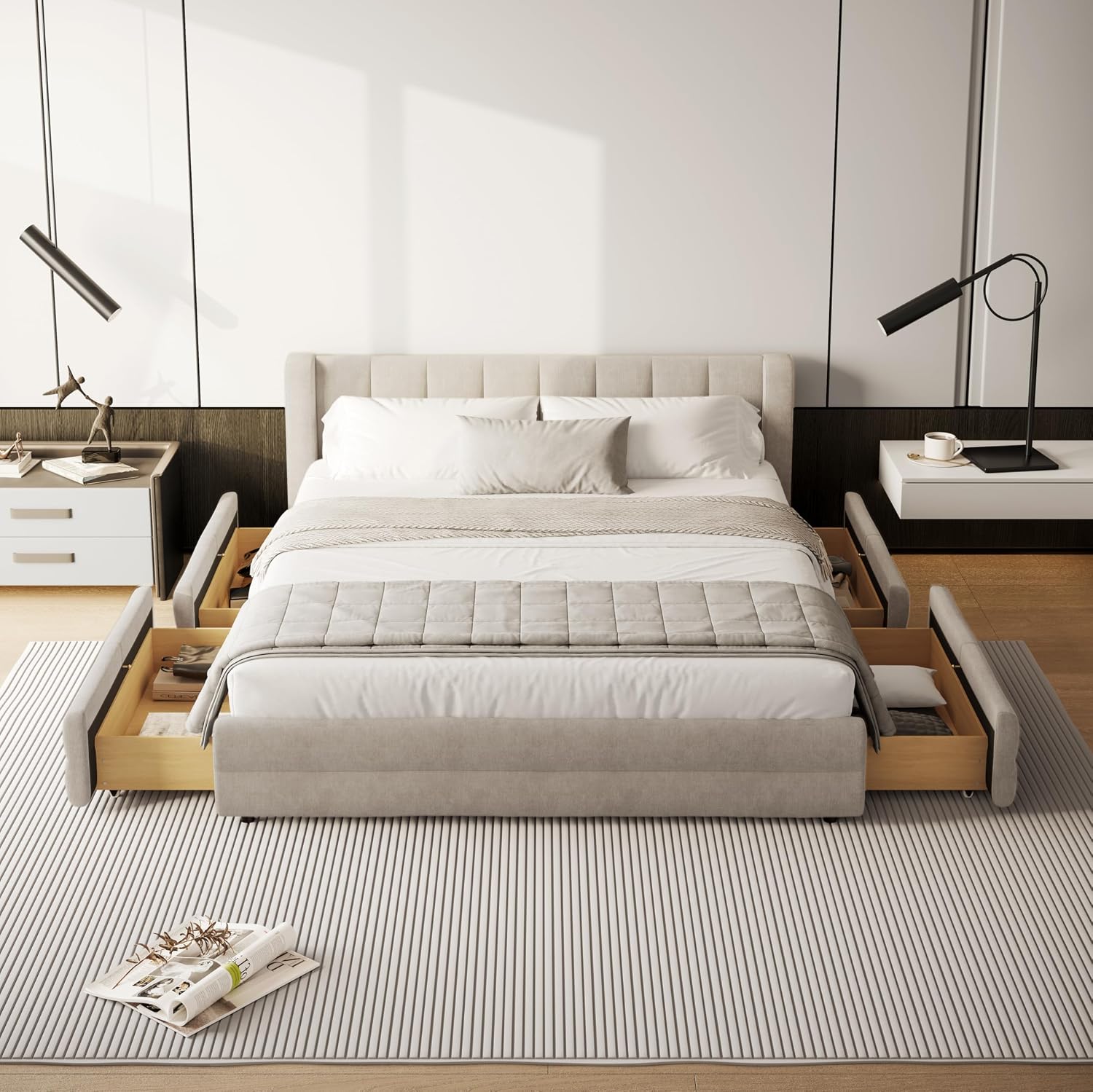 DEINPPA Queen Size Bed Frame with 4 Storage Drawers and Cloud Soft Headboard, Chenille Upholstered Grounded Wood Base Bed Frame, No Box Spring Needed-Beige
