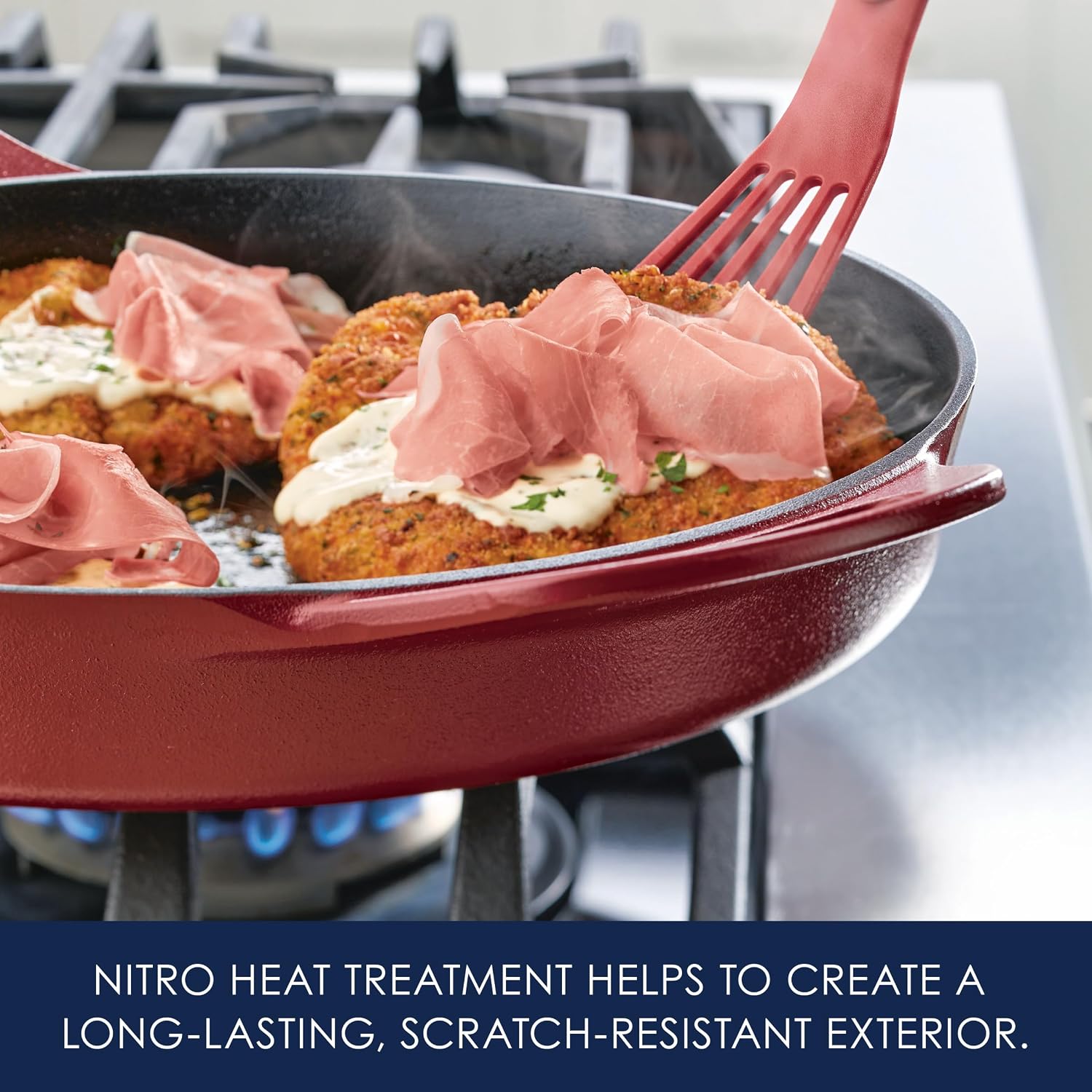 Rachael Ray Nitro Cast Iron Skillet with Side Handles, 14 Inch, Red