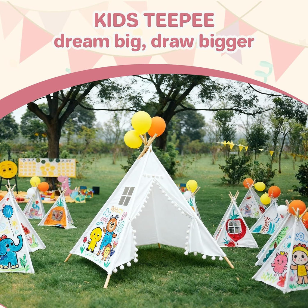 8 Pack Teepee Tent for Kids with Lights, Cotton Indoor Play Teepee with Pompom for Girls & Boys, Sleepover Tents for Boho Slumber Spa Party