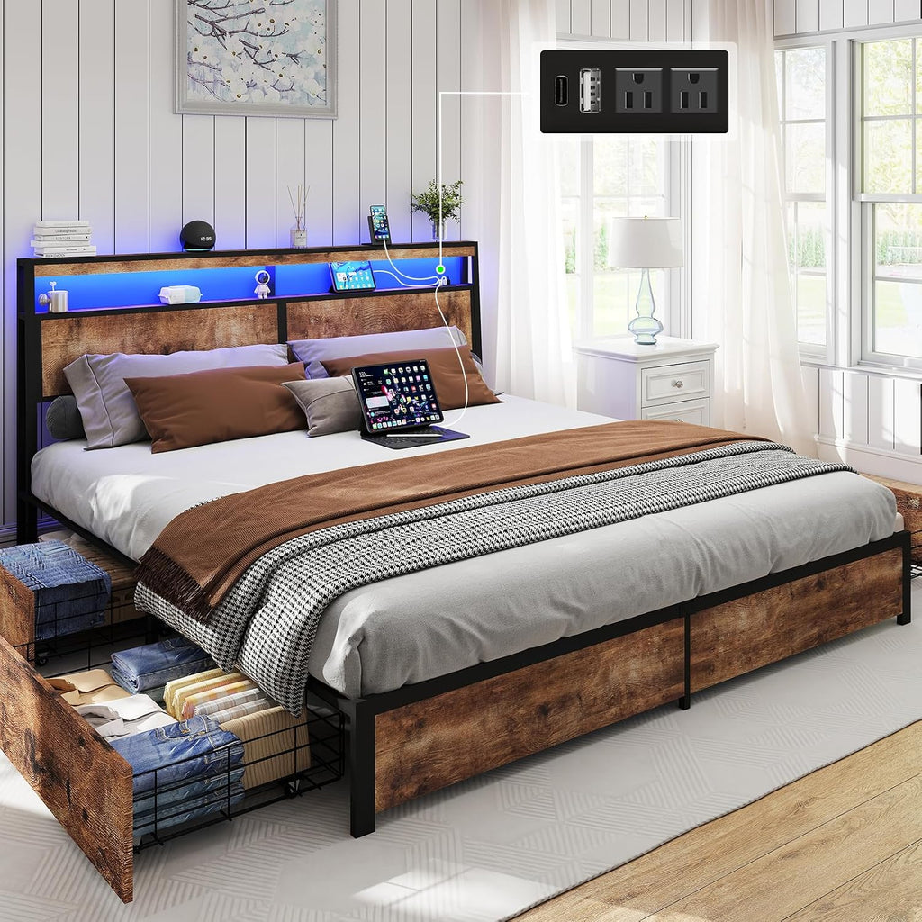 SADENICEL King Bed Frame with Storage Headboard and 4 Drawers, Metal Platform Bed Frame with LED Light, Charging Station, No Box Spring Needed, Noise Free, Easy Assembly, Vintage Brown