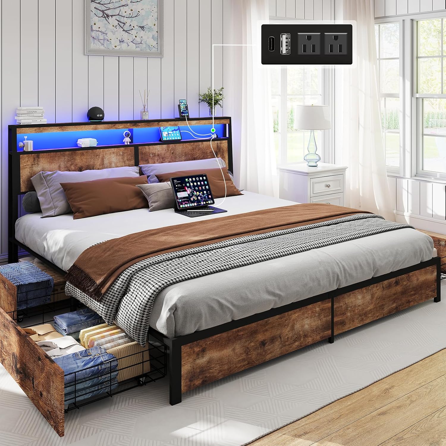 SADENICEL King Bed Frame with Storage Headboard and 4 Drawers, Metal Platform Bed Frame with LED Light, Charging Station, No Box Spring Needed, Noise Free, Easy Assembly, Vintage Brown