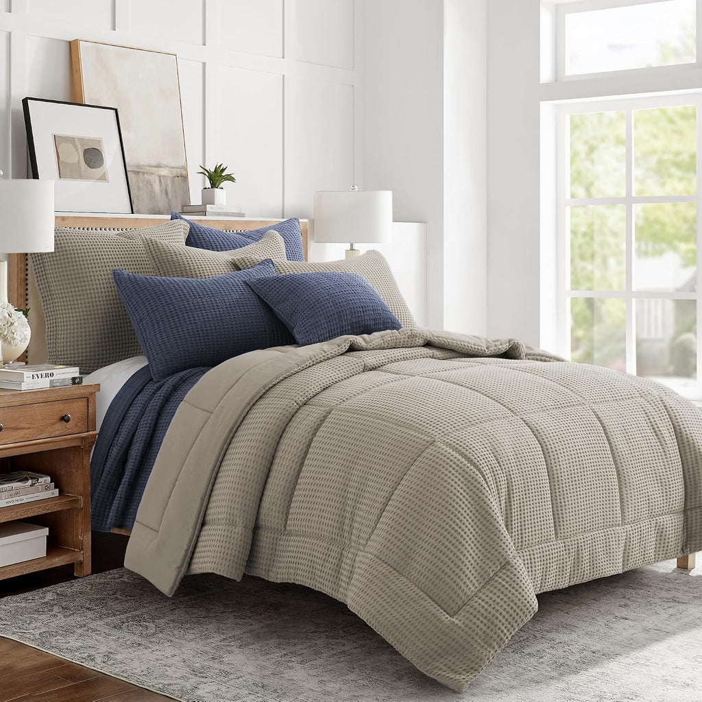 Levtex Home Mills Waffle Full/Queen Comforter Set (90x94in) with 2 Pillow Shams (26x20in) - Beige Fawn - 100% Cotton Full/Queen Size Comforter Set - Soft, Pre-Washed