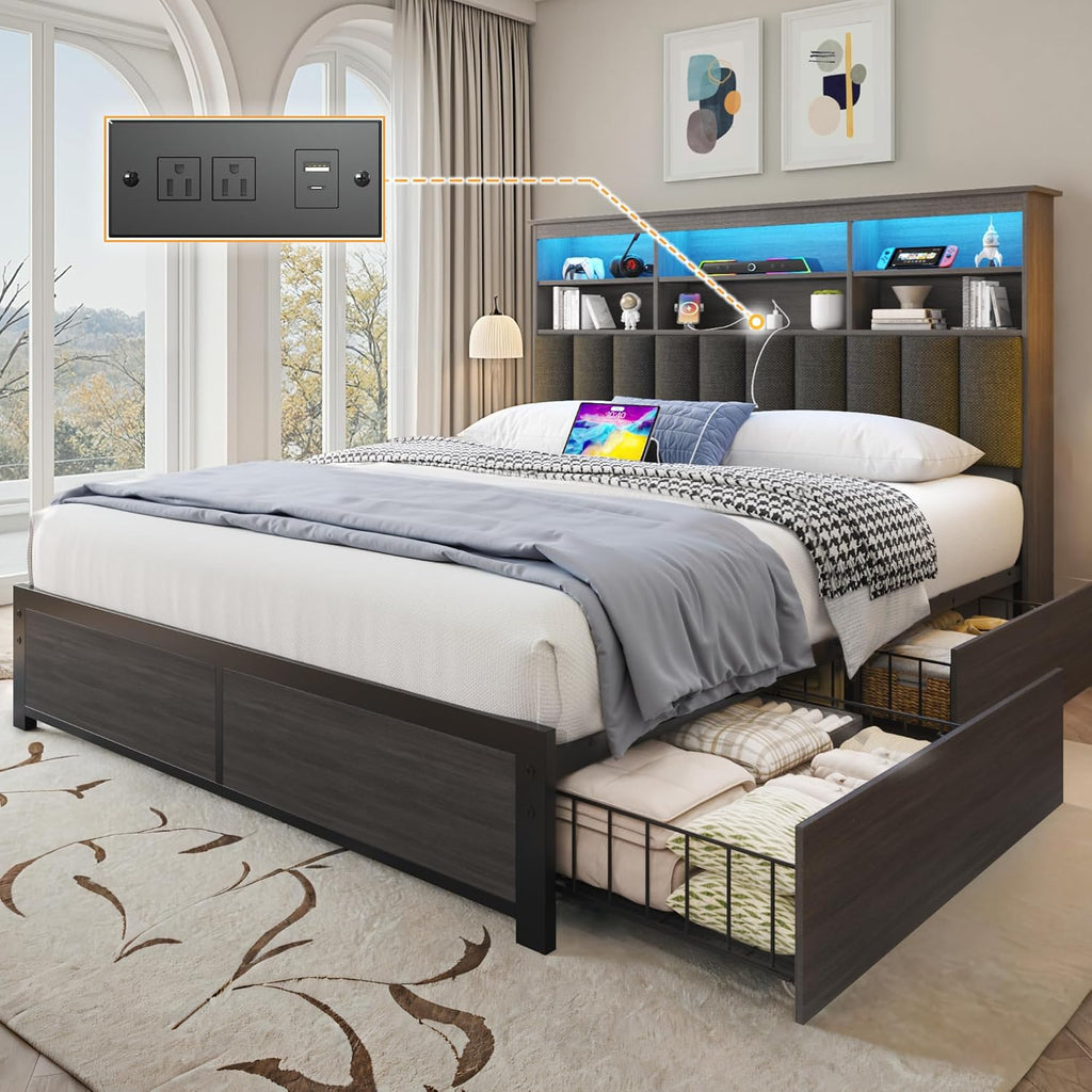 Lifezone Full Bed Frame with Headboard, Full Bed Frame with High Storage Bookcase Headboard,4 Storage Drawers & Charging Station & LED,No Box Spring Needed/Noise Free/All-Metal Support,Rustic Grey