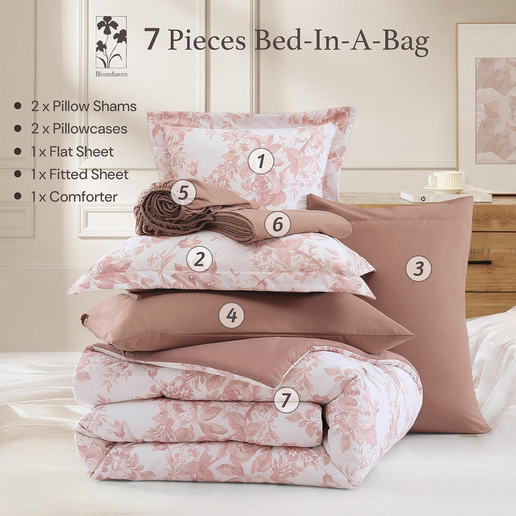 BLOOMHAVEN Oversized King Comforter Set -7 Pieces Floral Rose Bedding Set for All Seasons, Bed in a Bag with Botanical Flowers Comforter, Sheets, Pillowcases & Shams