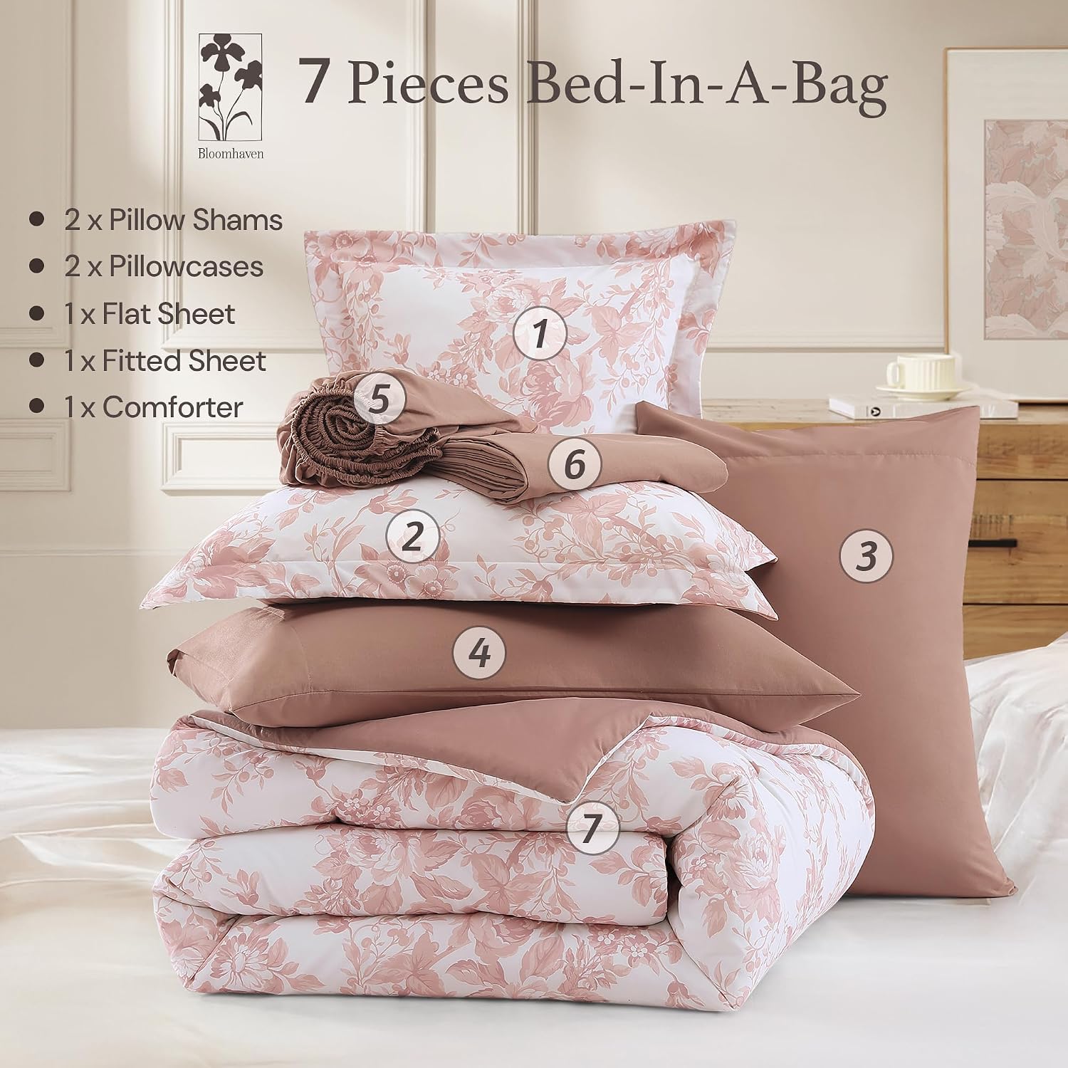 BLOOMHAVEN Oversized King Comforter Set -7 Pieces Floral Rose Bedding Set for All Seasons, Bed in a Bag with Botanical Flowers Comforter, Sheets, Pillowcases & Shams