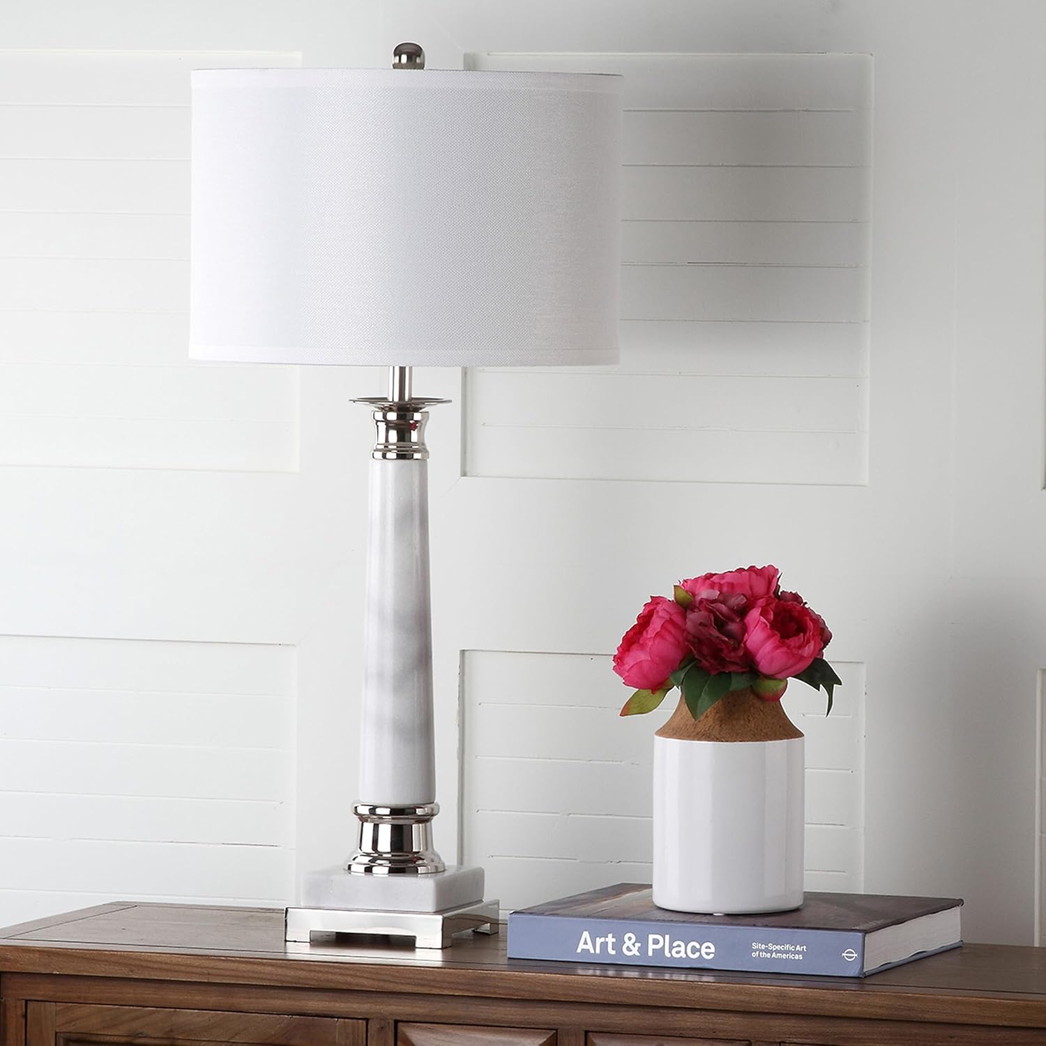 SAFAVIEH Lighting Collection Colleen Modern White Marble 31-inch Bedroom Living Room Home Office Desk Nightstand Table Lamp Set of 2 (LED Bulbs Included)