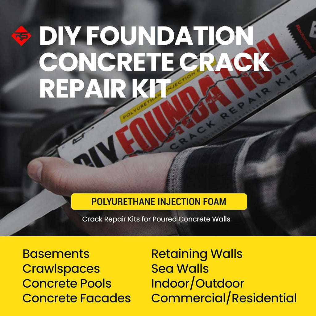 RadonSeal Complete DIY Foundation Crack Repair Kit - 10 Ft - Low-Viscosity Urethane Injection Sealant for Crawl Spaces & Concrete Basement Walls, Stops Water Leaks, Drill-Free Filler