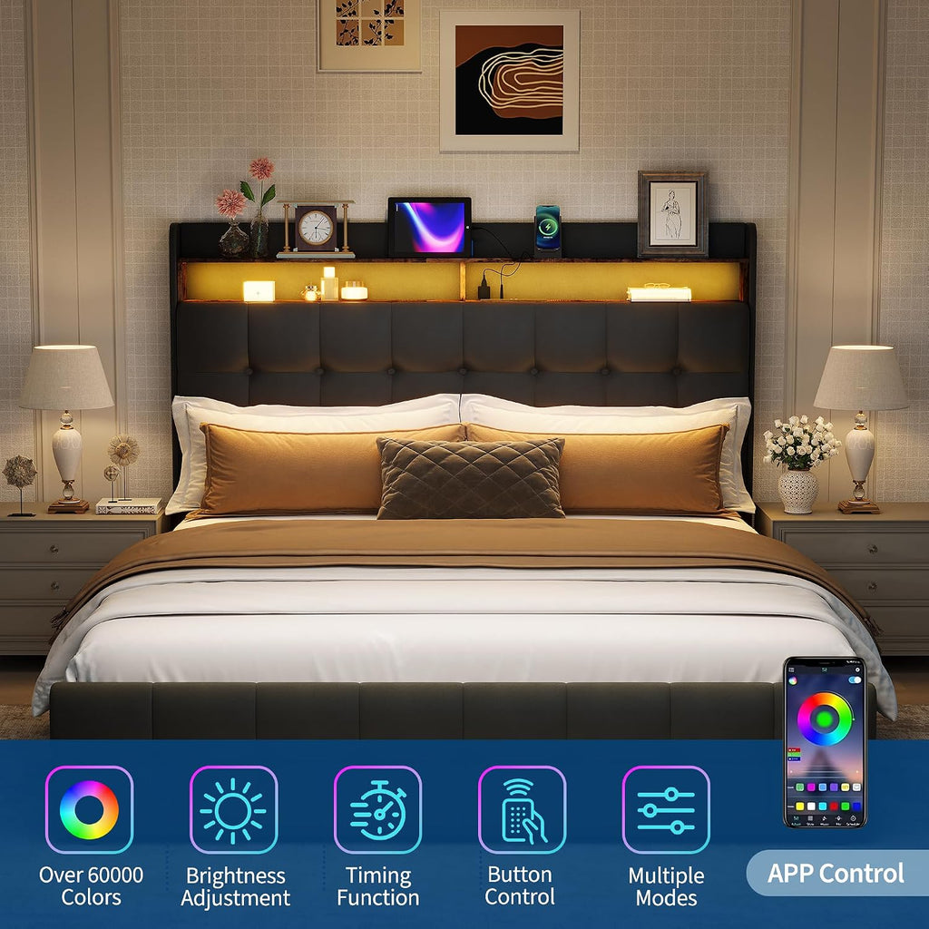 Garvee Queen Size Bed Frame with 2 Storage Drawers, Upholstered Bed Frame Queen with LED Light, Double-Layer Bedside Headboard with Charging Socket and USB Port, PU Leather, Black