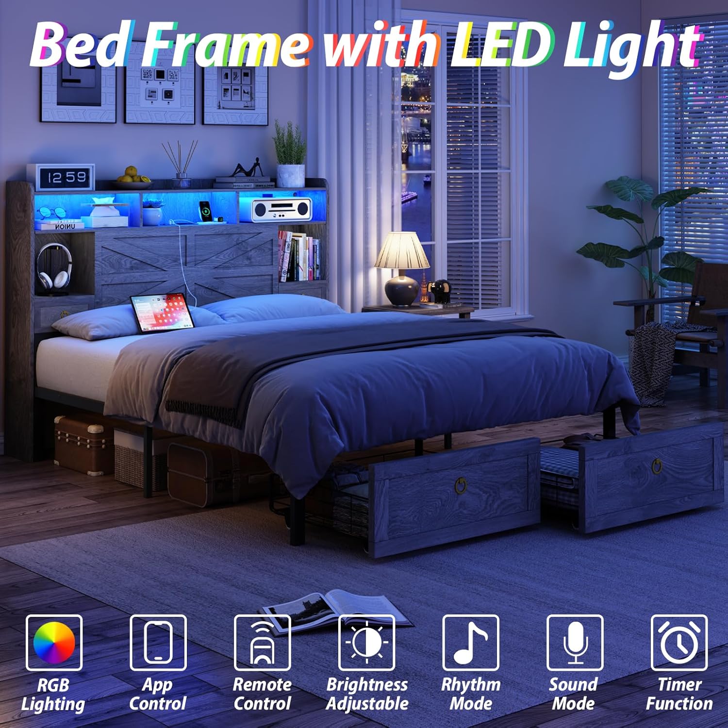 TIGUBFRE Full Bed Frame with Storage Headboard, Farmhouse Wood Bed Frame Full Size with 4 Drawers, LED Light & Charging Station, Metal Slats Support, Noise Free, No Box Spring Needed, Rustic Gray