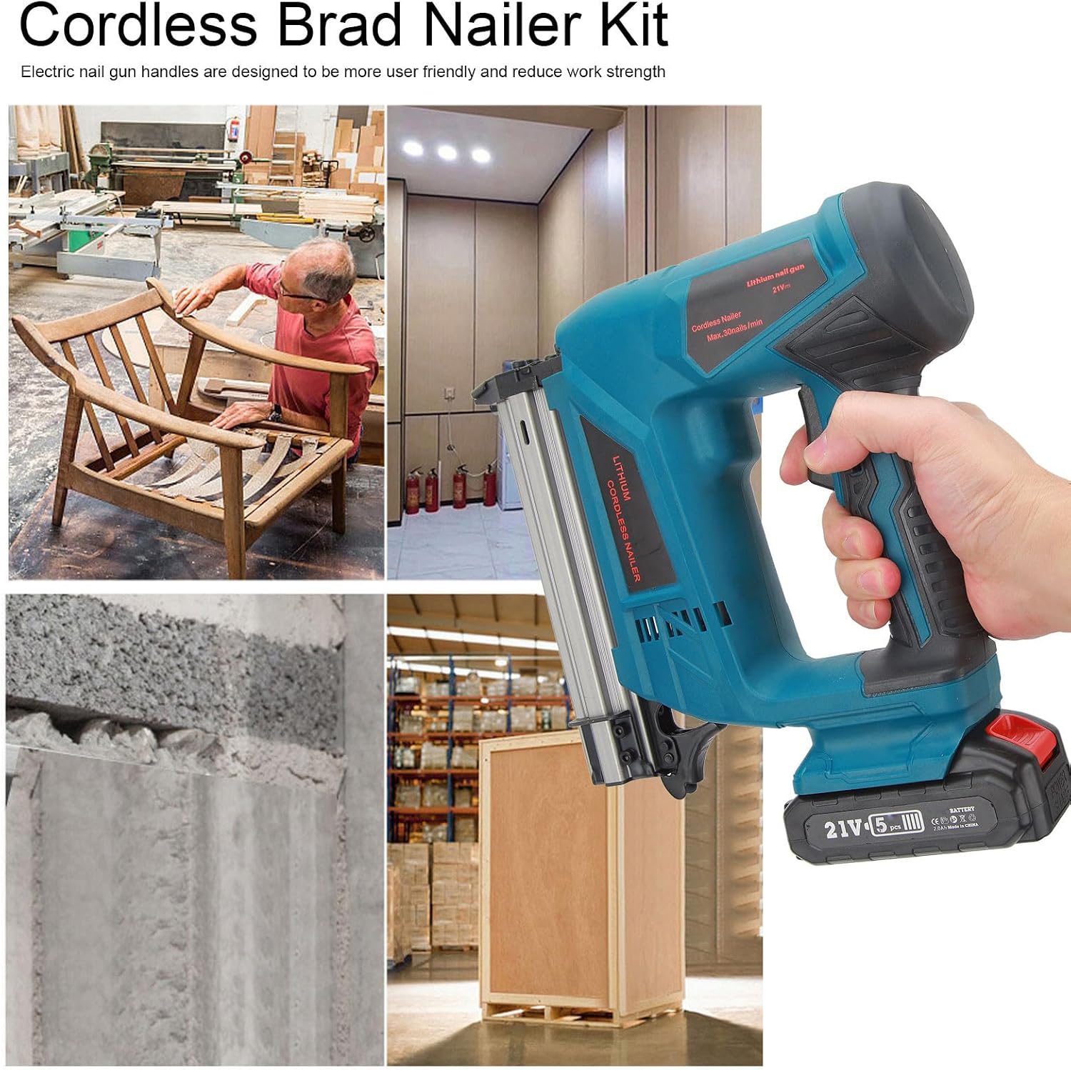 Cordless Brad Nailer Kit with Handles Designed to Reduce Fatigue Electric Nail Gun for Binding Furniture Frames (US Plug 100‑220V)