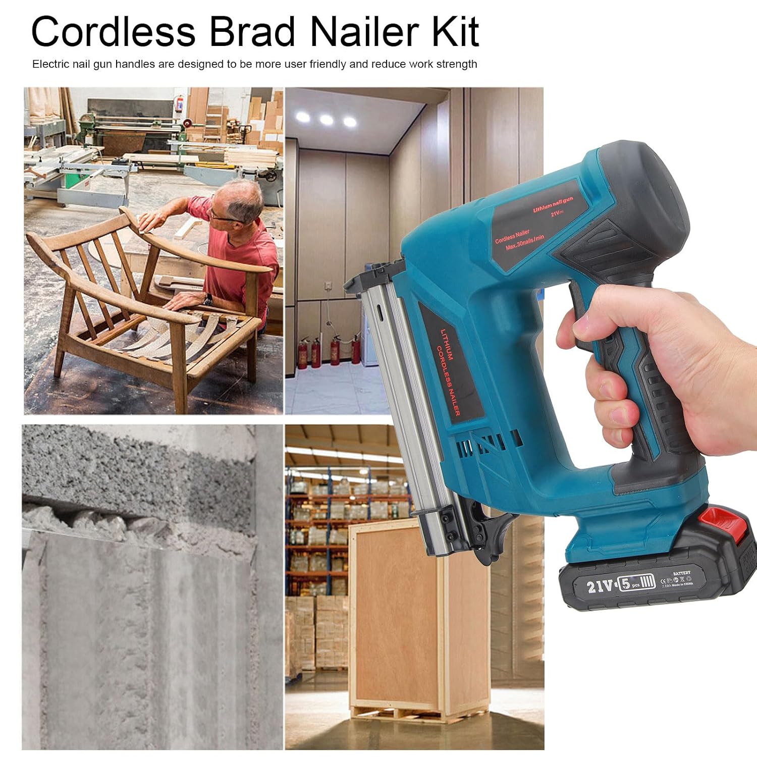 Electric Nail Guns Cordless Brad Nailer Battery Powered Brad Nailer Stapler for Carpentry and Upholstery (US Plug 100‑220V)