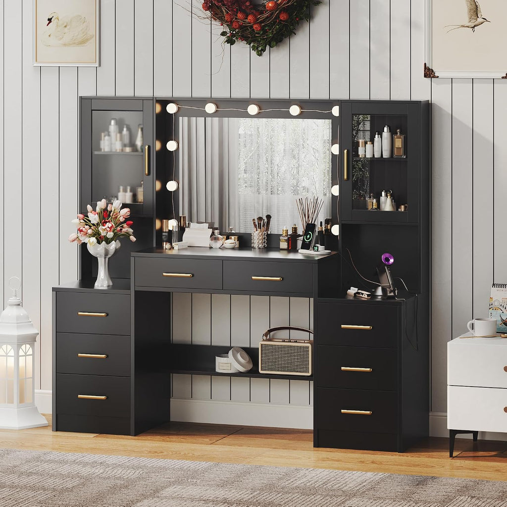TOKSOM Black Vanity Desk with Mirror, Lights & Charging Station, 58.3' 3 Lighting Modes Makeup Desk with 8 Drawers, 2 Cabinets and Lots Storage, Dressing Table Vanity Set with Lighted Mirror