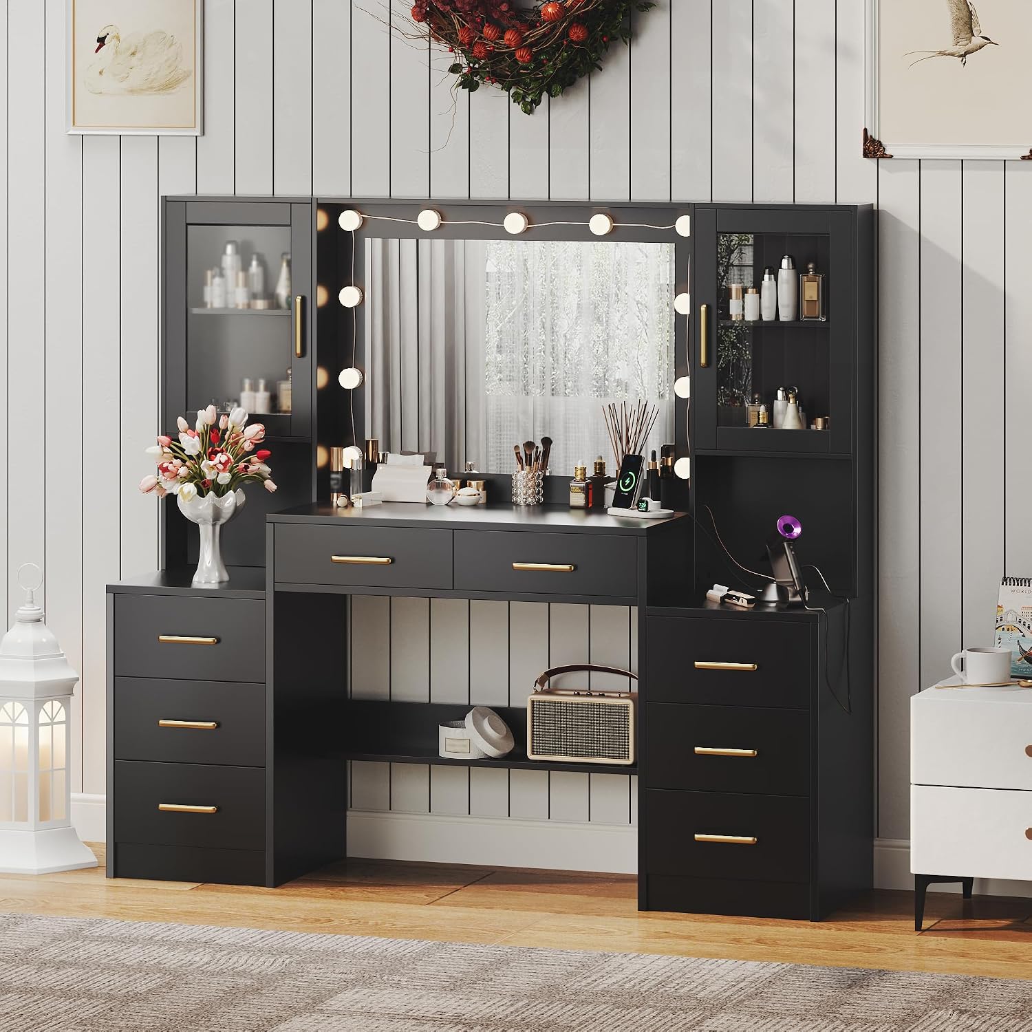 TOKSOM Black Vanity Desk with Mirror, Lights & Charging Station, 58.3' 3 Lighting Modes Makeup Desk with 8 Drawers, 2 Cabinets and Lots Storage, Dressing Table Vanity Set with Lighted Mirror
