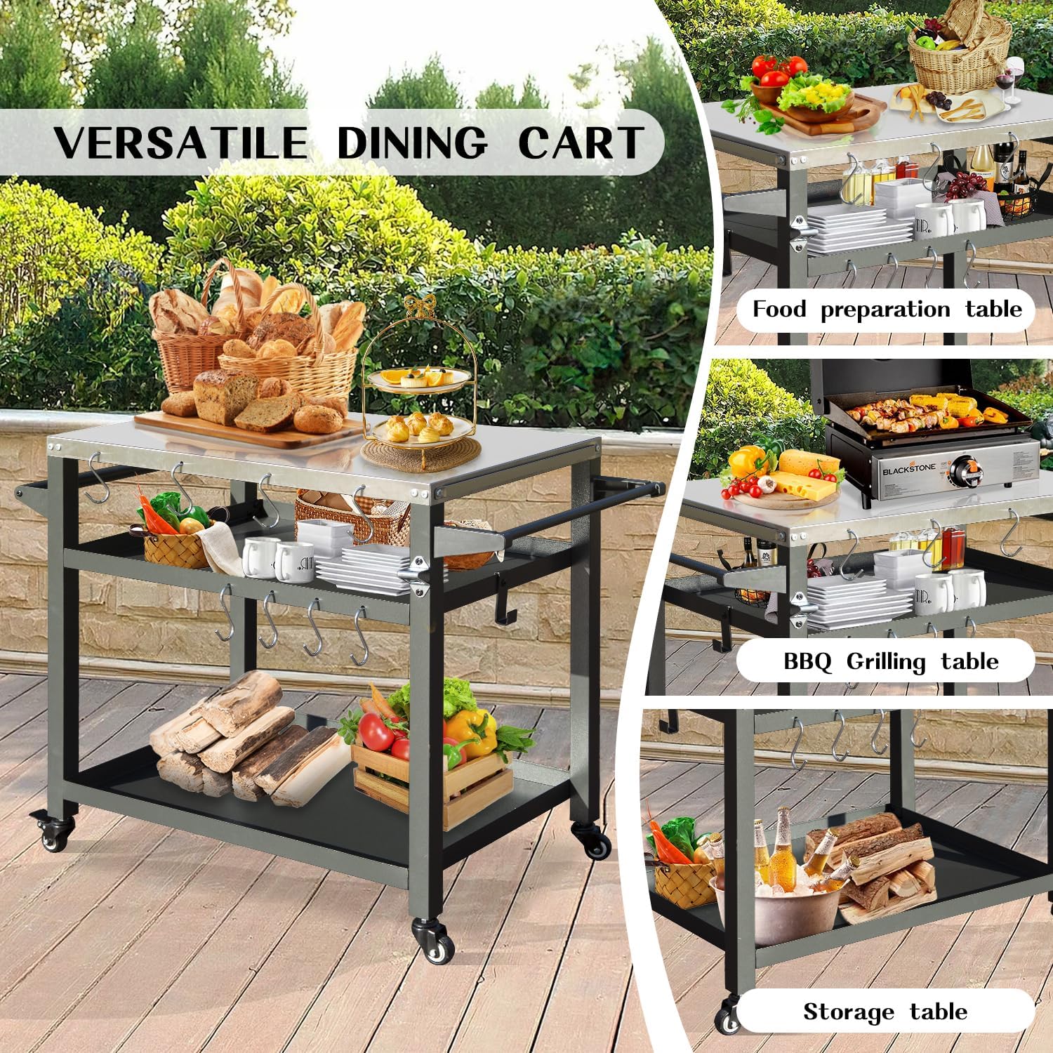 Domi 3-Tier Outdoor BBQ Grill Cart with Lockable Wheels | Portable Pizza Oven Stand & Food Prep Station | Compatible with Blackstone Griddle & Propane Tanks | All-Weather Patio Cooking cente