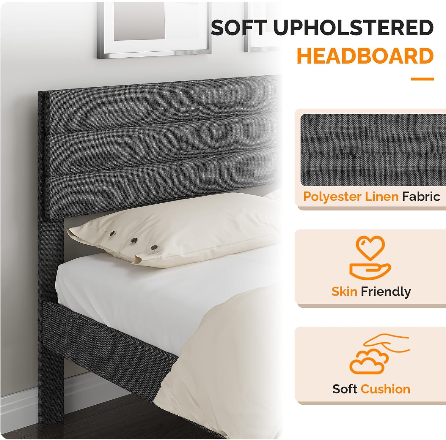 VINGLI Full Bed Frame with Headboard,Upholstered Platform Bed with Adjustable Headboard,Heavy Duty Slats Support,Mid Century Modern,Noise Free, No Box Spring Needed, Dark Gray