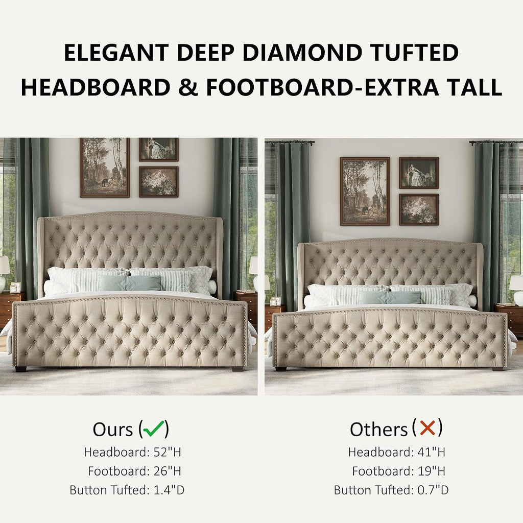 AMERLIFE Queen Size Platform Bed Frame, Linen Upholstered Bed with Deep Button Tufted & Nailhead Trim Wingback Headboard/No Box Spring Needed/Beige