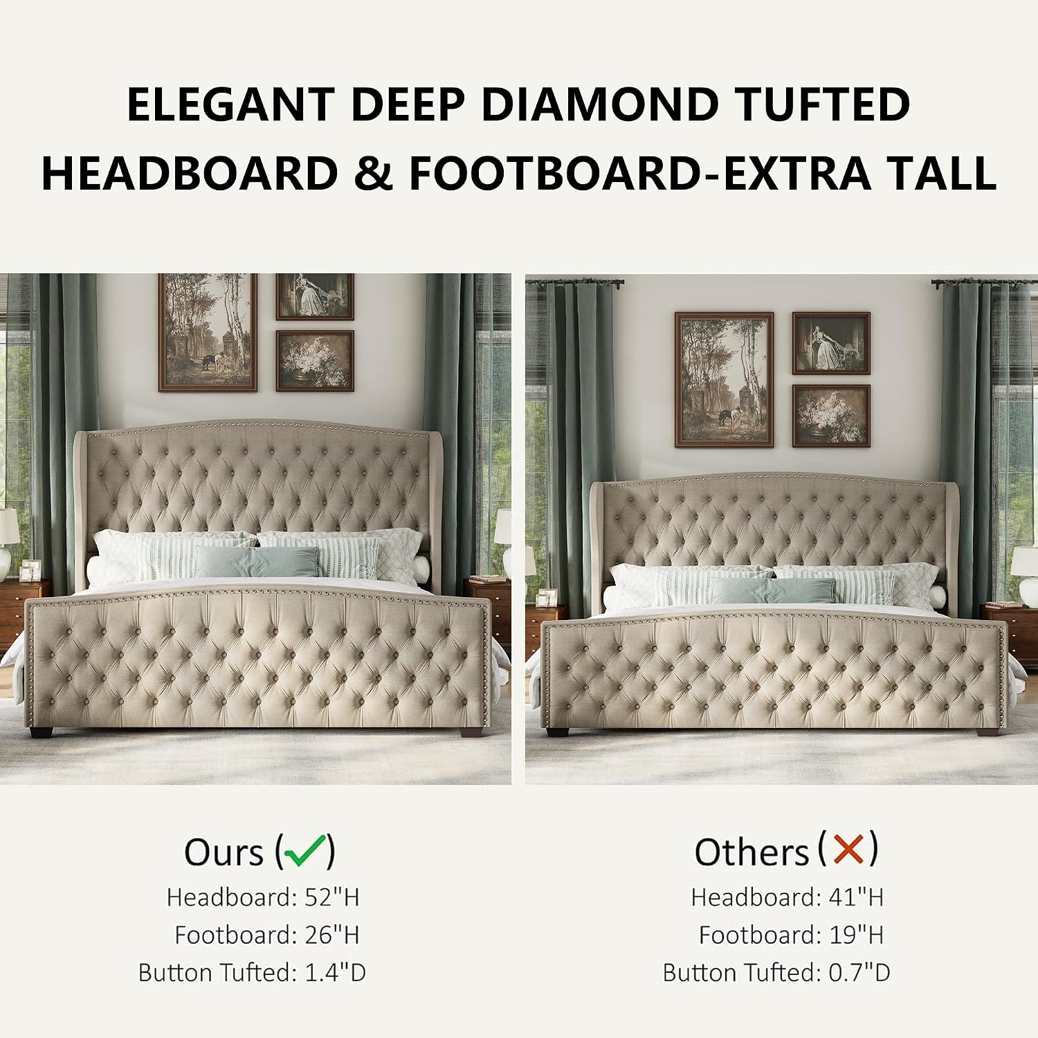 AMERLIFE Queen Size Platform Bed Frame, Linen Upholstered Bed with Deep Button Tufted & Nailhead Trim Wingback Headboard/No Box Spring Needed/Beige