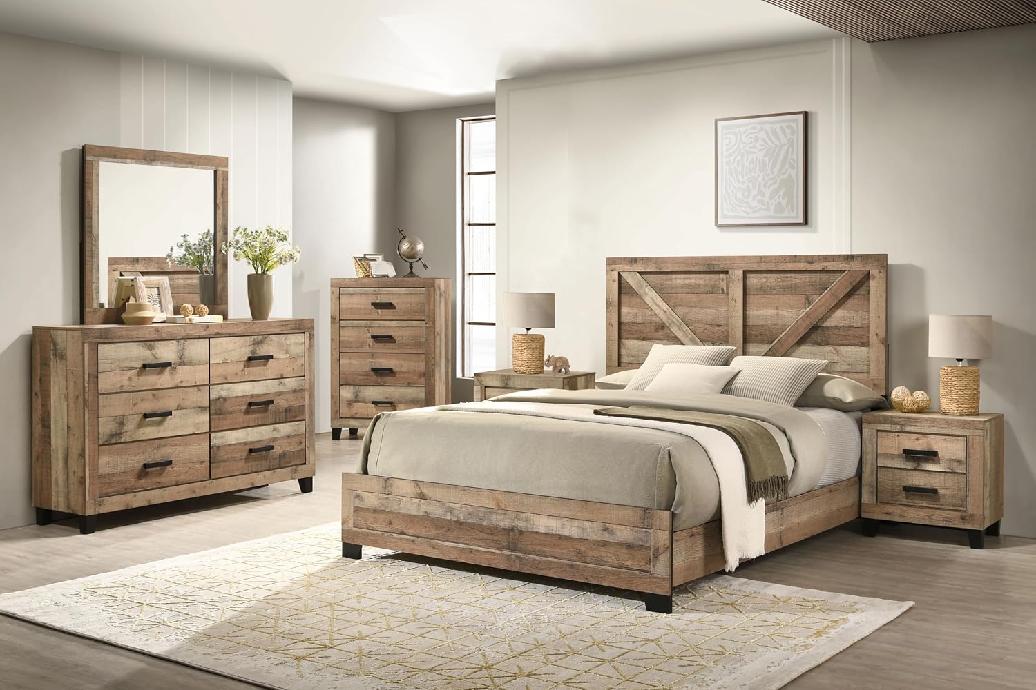 Kings Brand Furniture 6-Piece Antique Natural King Size Bedroom Set - Bed, Dresser, Mirror, Chest and 2 Nightstands