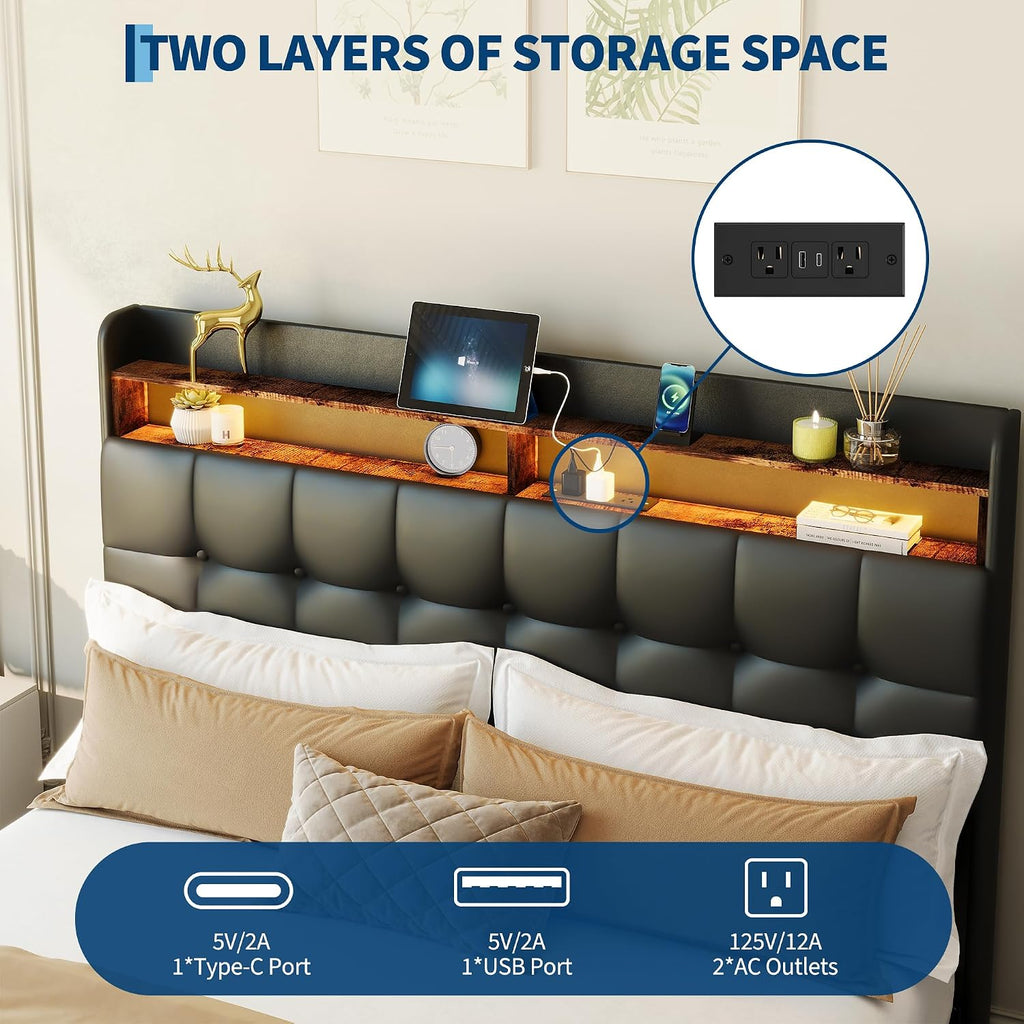 Garvee Queen Size Bed Frame with 2 Storage Drawers, Upholstered Bed Frame Queen with LED Light, Double-Layer Bedside Headboard with Charging Socket and USB Port, PU Leather, Black