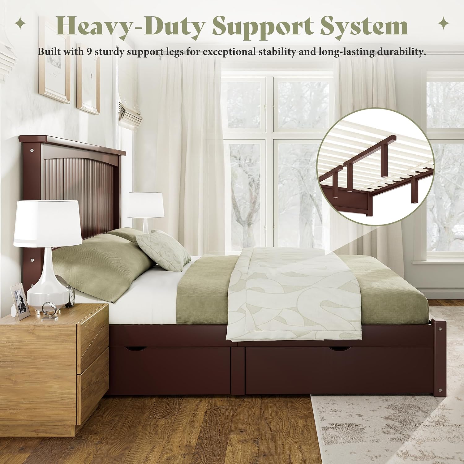 AMERLIFE Solid Wood Full Size Storage Bed Frame with Headboard, Platform Bedframe with 2 Storage Drawers, Beadboard Design & Wooden Slats/No Box Spring Needed/Noise-Free, Espresso Brown Finish
