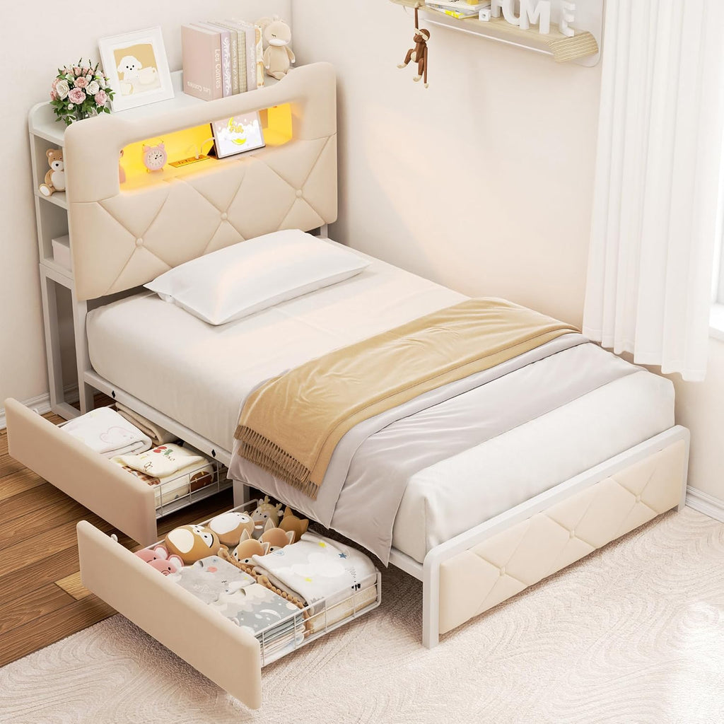 Twin Upholstered LED Bed Frame with 2 Storage Drawers and 2-Tier Storage Bookcase Headboard, Velvet Princess Platform Bed for Kids/Girls/Boys, Corner Bed Frame, Heavy Duty Metal Support, Beige