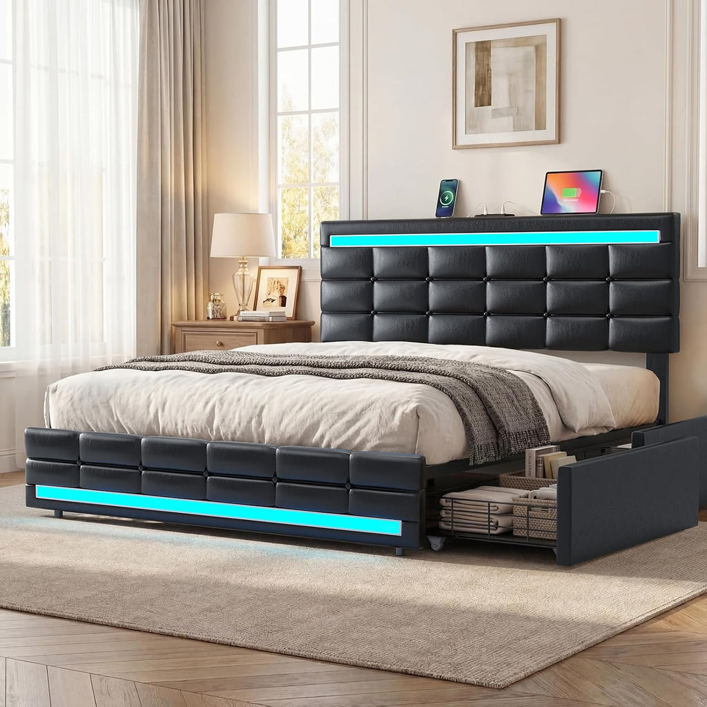 ADORNEVE Queen Bed Frame with 4 Storage Drawers, Upholstered Headboard with Charging Station & LED Lights, Metal and Wood Platform Bed, No Box Spring Needed, Easy Assembly, Black
