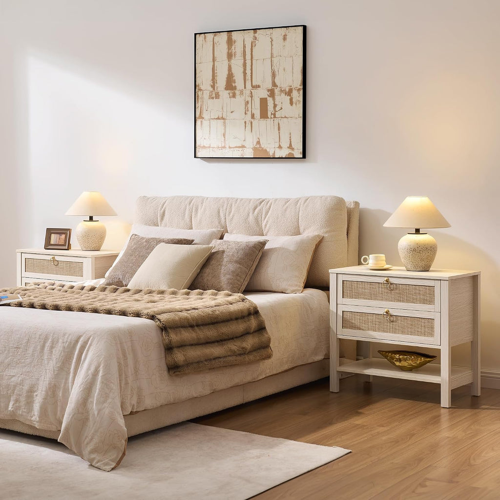 SICOTAS 26.7' Wide Boho Rattan Nightstand, White Oak Bedside Table with 2 Drawers & Open Shelf, Large Side Table for King Size Bed, Modern Coastal Accent Table for Bedroom