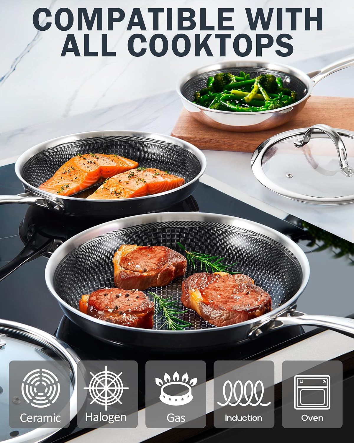 Cooks Standard Hybrid Mutli-Ply Clad 10.5 and 12 Inch Nonstick Frying Pan, Stainless Steel Skillet with Tempered Glass Lids, Cool Handle, Oven Safe, Compatible with All Stovetops, 2-Piece