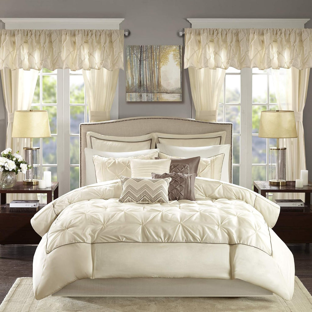 Madison Park Essentials Room in a Bag Faux Silk Comforter Set - Luxe Diamond Tufting All Season Bedding, Matching Curtains, Decorative Pillows, Ivory Queen(90'x90') 24 Piece