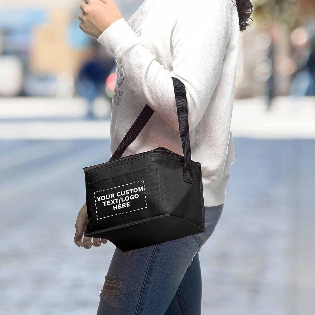 DISCOUNT PROMOS 100 Zipper Top Insulated Lunch Bags Set - Customizable Text, Logo - Non Woven, Vibrant, Black Strap - Black