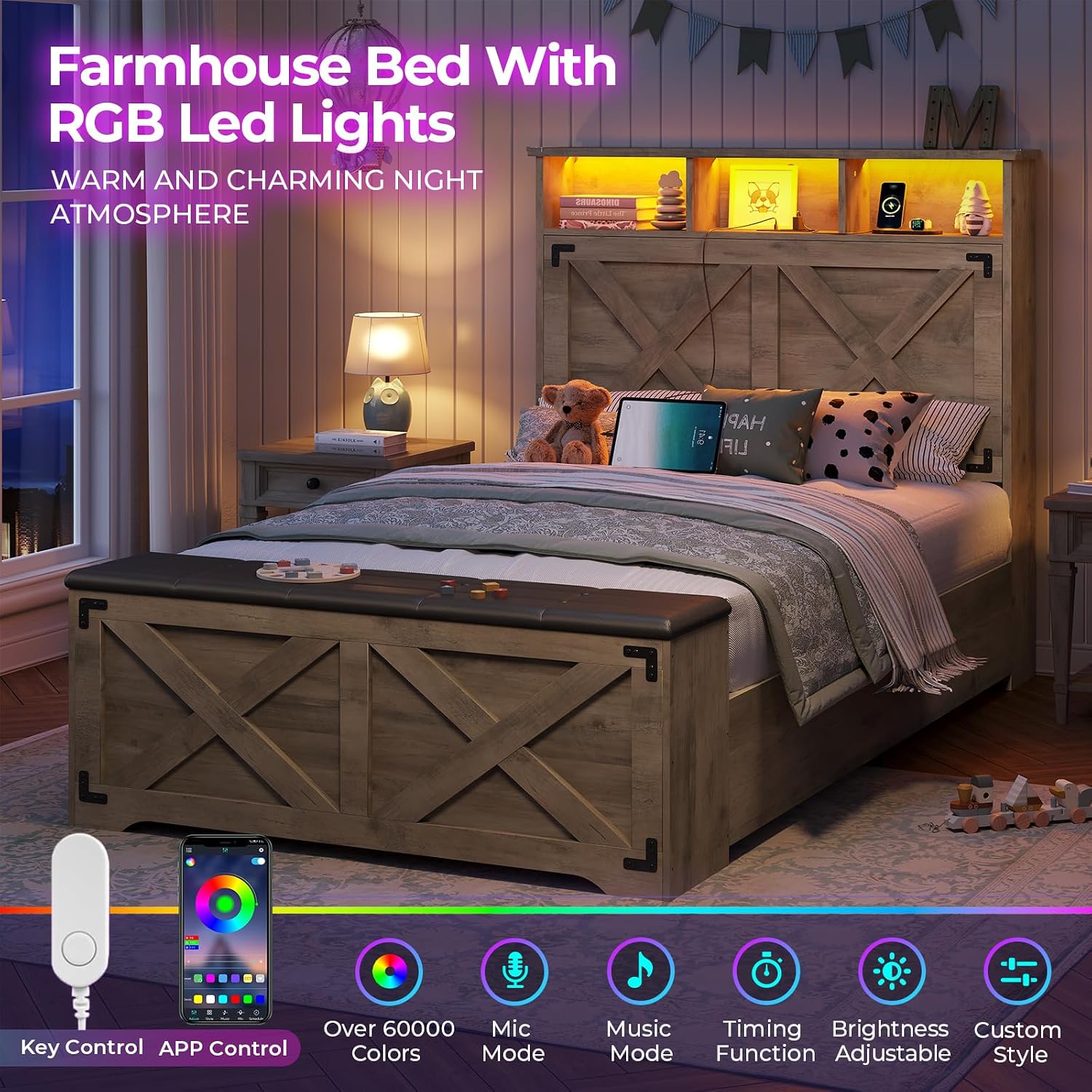 DICTAC Farmhouse Twin Bed Frame with Storage Headboard and Charging Station Wood Platform Bed Frame Twin Size with Storage Ottoman and Led Lights,Twin Size Bed for Kids,Metal Slats Support,Oak Gray
