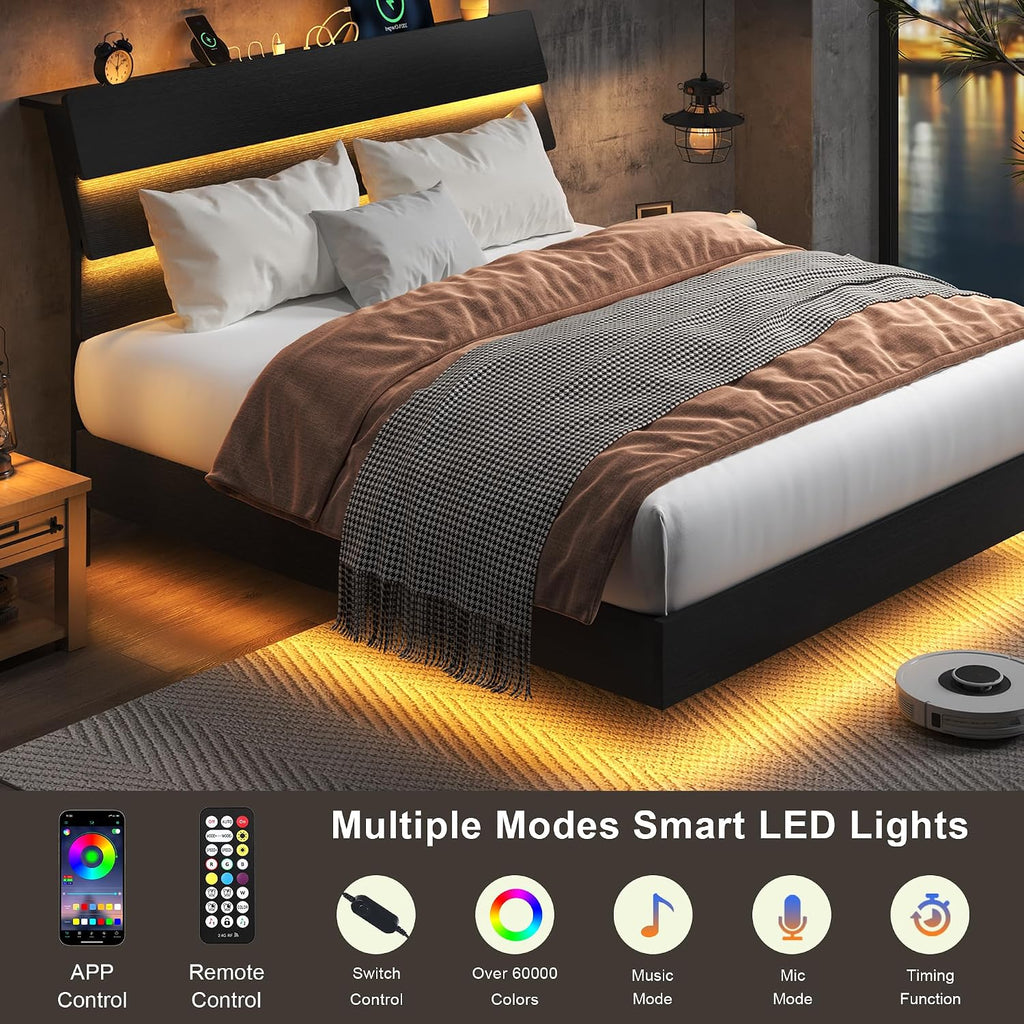 Feonase Floating Bed Frame Full with Led Lights and Charging Station, Wood Full Size Bed Frame with Storage Headboard, Heavy Duty Metal Slats, No Box Spring Needed, Easy Assembly, Noise-Free,Black